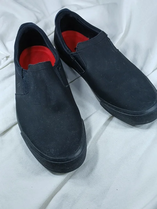 Shoes For Crews Men's Black Slip-On leather Loafers with Red Insole