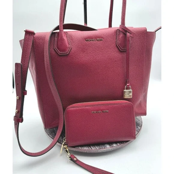 Michael Kors Mercer Large Tote Bag Pebbled Leather Crossbody Wallet Set Cherry