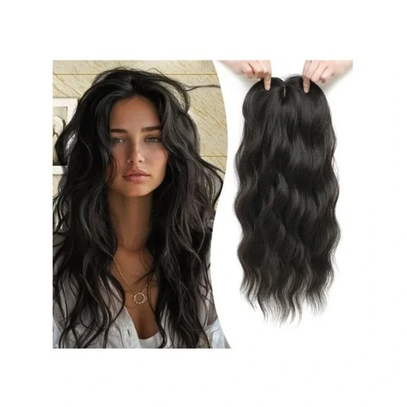 MORICHY 20in Hair Topper with Bangs Black Brown Wavy Synthetic Clip In Hairpiece