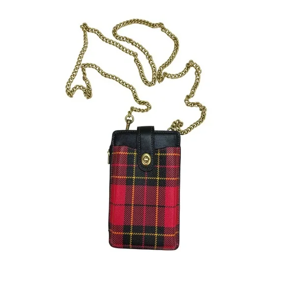 Coach Phone Crossbody OS Red Plaid Leather Gold Chain Strap Wallet Bag