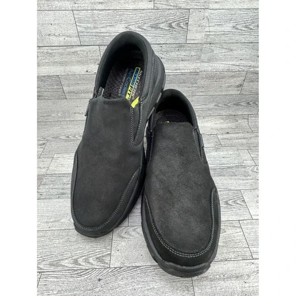 Skechers Relaxed Fit Steady Grip Men Sz 13 Black Leather Slip On‎ Shoes 204480