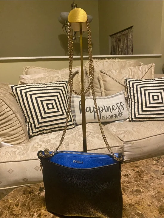 Furla Black Leather Crossbody with Blue Interior and Gold Chain
