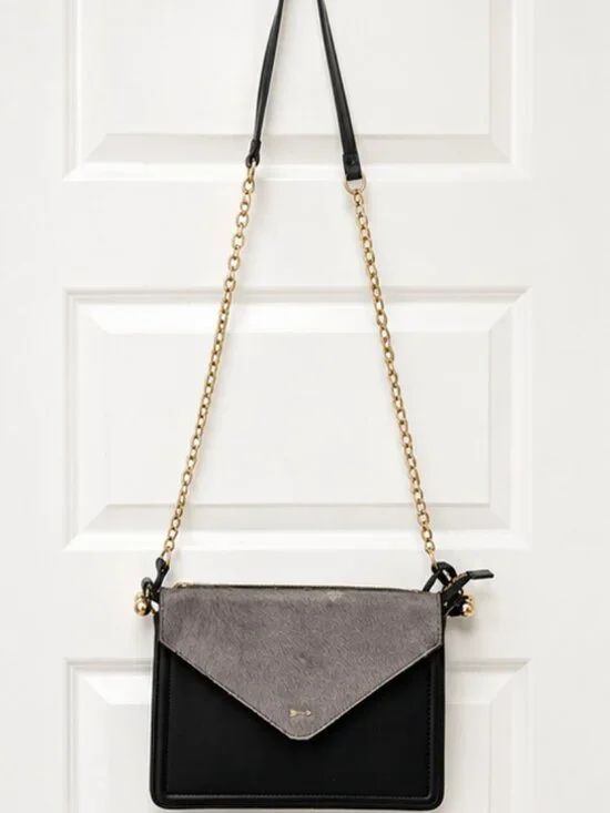 Gianni Bini Black Gray Faux Fur Envelope Crossbody Bag Gold Chain