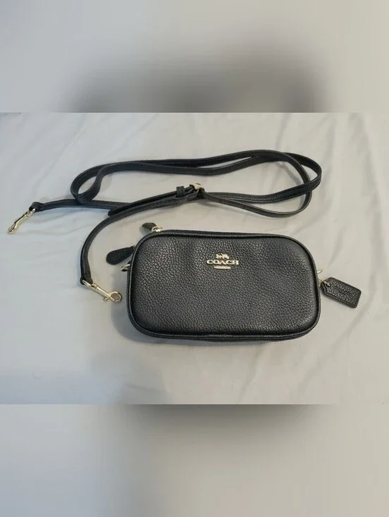 Coach Black Camera Bag Pebbled Leather Mini Crossbody with Gold Logo