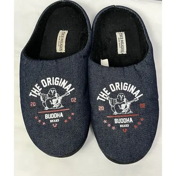 True‎ Religion Mens Size M 9-10 Black Blue Slip On Slippers Original Buddah