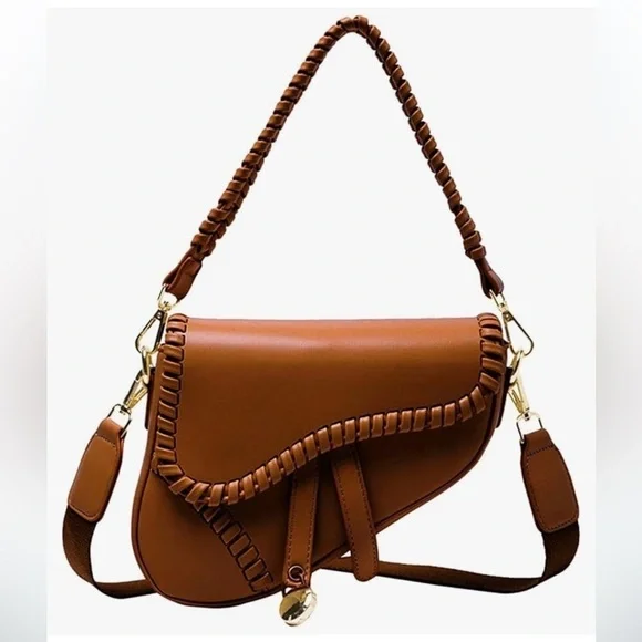 Honey brown saddle bag w/ braided edges crossbody strap, vegan leather lux look