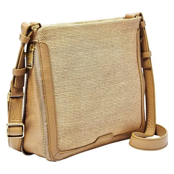 Fossil Preston Straw Crossbody Bag Beige Leather Trim New with Tags