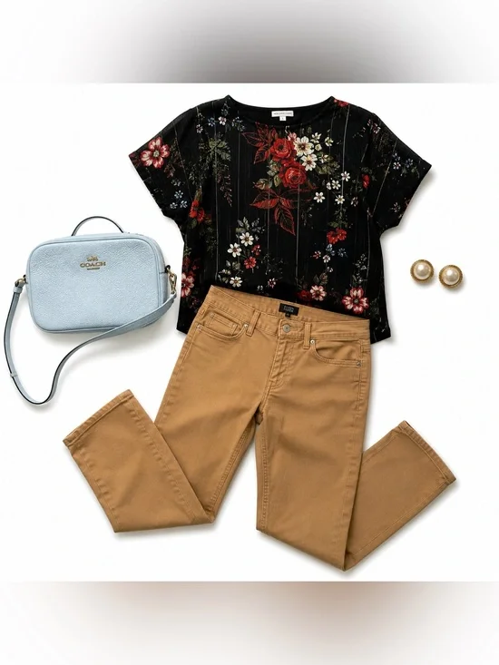 Floral Mixed Media Blouse Eileen Fisher Ochre Jeans Coach Blue Crossbody Capsule