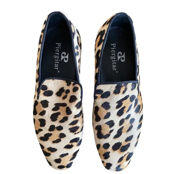 Piergitar Men's Leopard Print Pony Hair Loafers Smoking Slippers Size 7 Red Sole