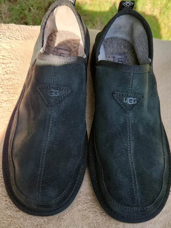UGG Men’s Black Suede Slip-On Loafers with Shearling Lining