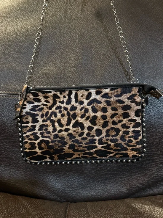 Leopard Print Chain Shoulder Bag - Brown