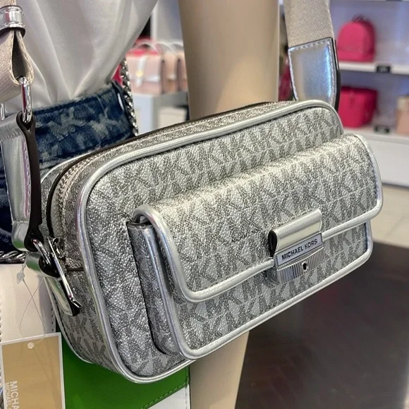 Michael Kors Bradshaw Extra-Sm Metallic Signature Logo Camera Crossbody Silver