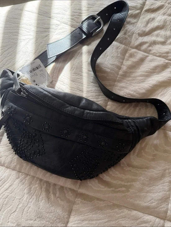 Free People Black Studded Leather Crossbody Belt Bag