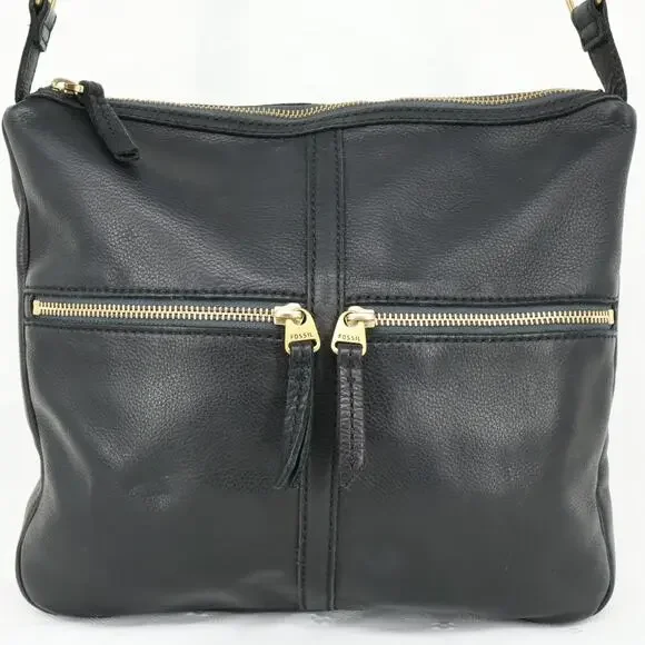 Fossil Leather Handbag Womens Black Crossbody Bag Zipper Pockets Preppy Academia