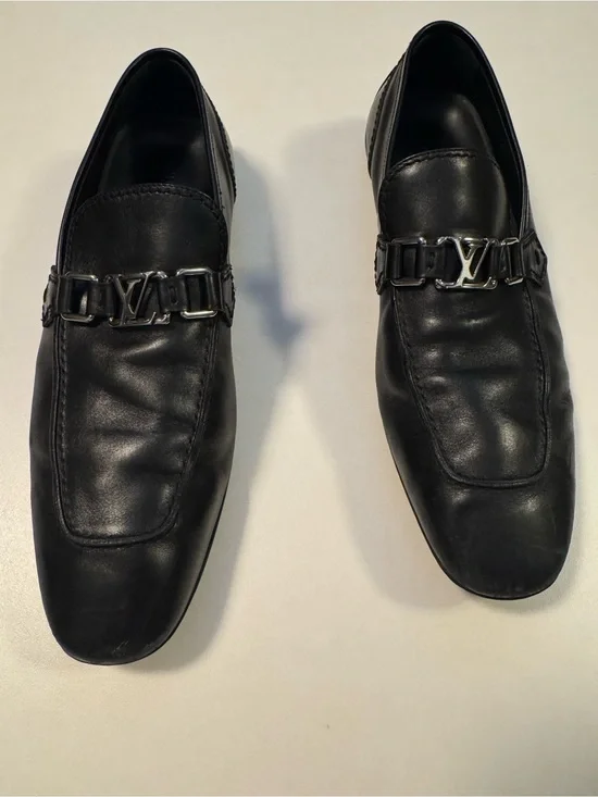 Louis Vuitton Black Leather Men’s Slip-On Loafers with LV Metal Bit