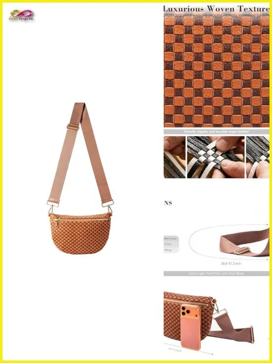 Woven Crossbody Bag, Checkered PU Bum Bag Sling Purse with Adjustable Strap for