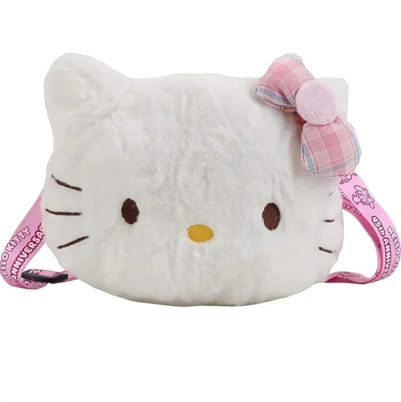 Pink white Hello Kitty over the shoulder plush purse bag with zipper and strap