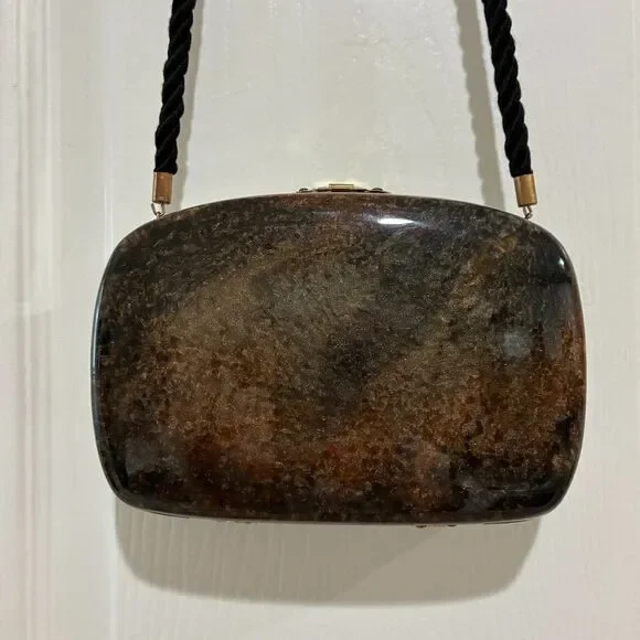 Vintage Lucite Tortoise Shell Cross Body Purse Bag Cord Strap 6.5”x4.5x1.75”