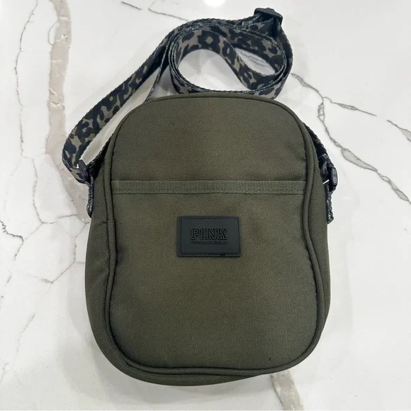 Victoria’s Secret PINK Olive Green Crossbody Bag Leopard Strap
