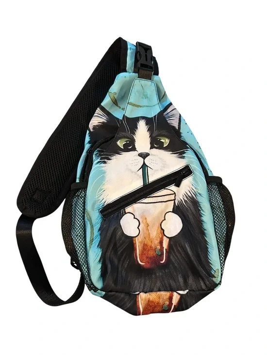 🐈‍⬛ Cute Turquoise Cat Print Crossbody Sling Bag with Coffee Motif