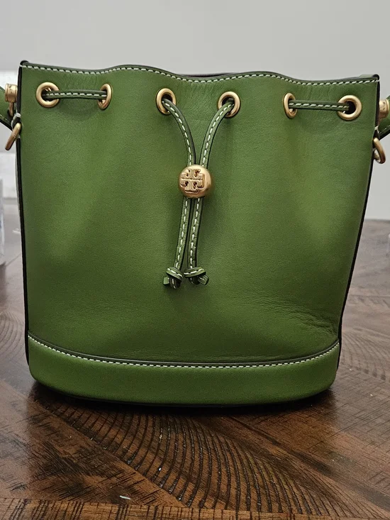 Tory Burch Green Leather Drawstring Bucket Bag