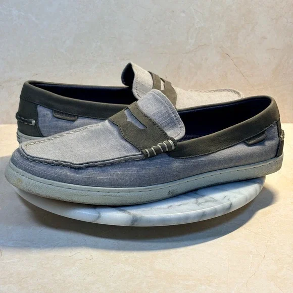 Cole Haan Mens Grand.OS‎ Gray Chambray Textile Leather Penny Loafer Shoes 11.5