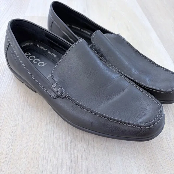 ECCO Mens‎ Black Leather Loafers Slip On Moc Toe Shoes EU 44/10.5 Handsewn