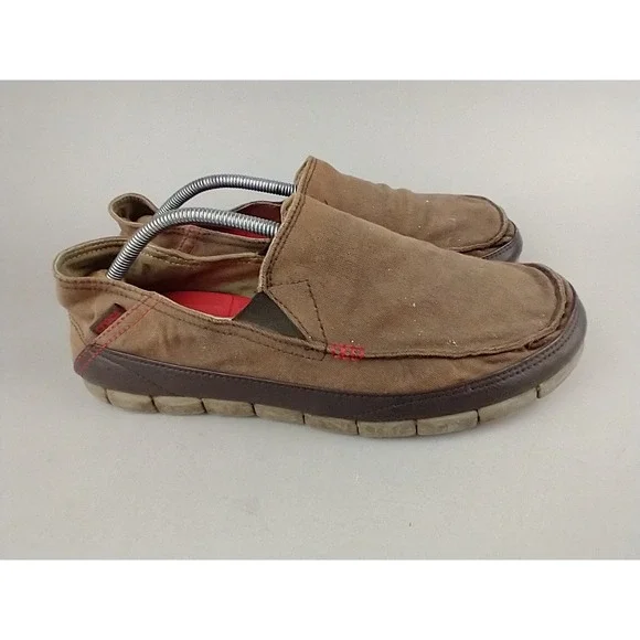 Crocs Men's 12 Stretch Sole‎ Brown Paint Splatter Canvas Slip On  Loafer Comfort