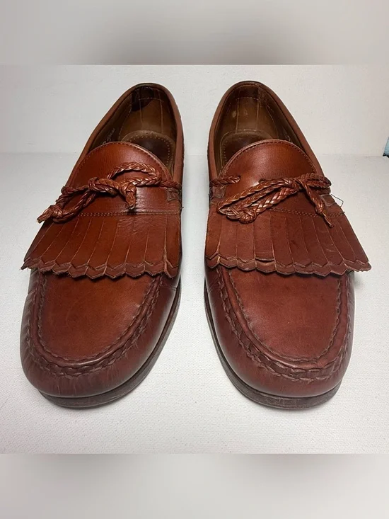 Allen Edmonds Woodstock Mens 11 D Brown Leather Kiltie Braided Penny Loafers USA