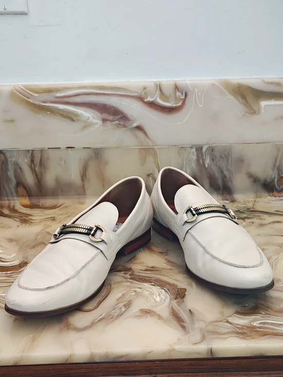 Aldo White Leather Slip-On Loafers with Gold-Toned Bit