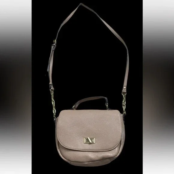 Merona Womens Nude Tan Beige Crossbody Saddle Bag Purse Handbag Chain Vegan