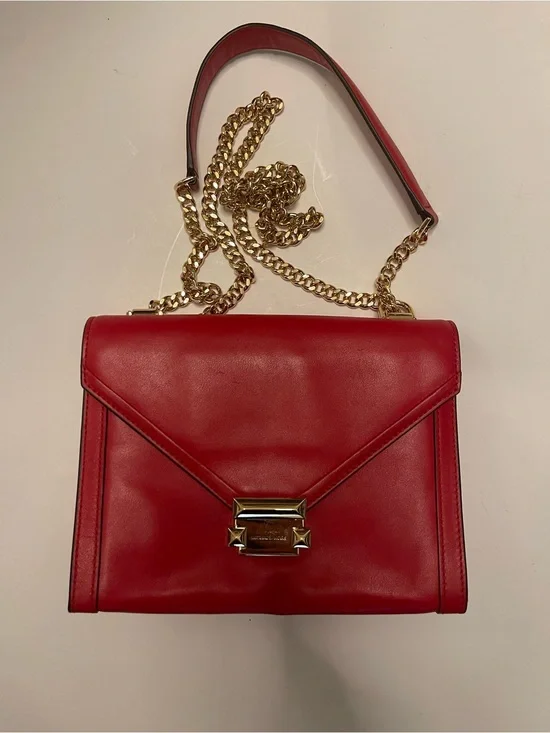 Michael Kors Red Leather Crossbody with Gold Chain Strap