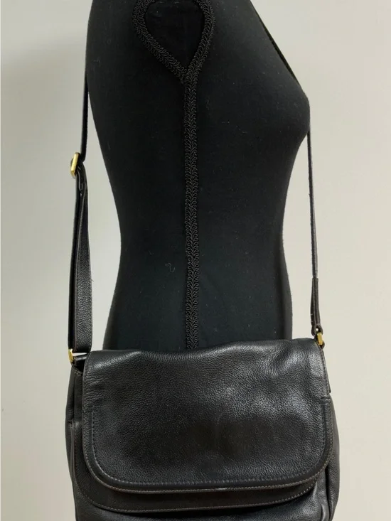 Fossil Peyton Black/Brown Pebbled Leather Double Flap Crossbody Boho Saddle Bag