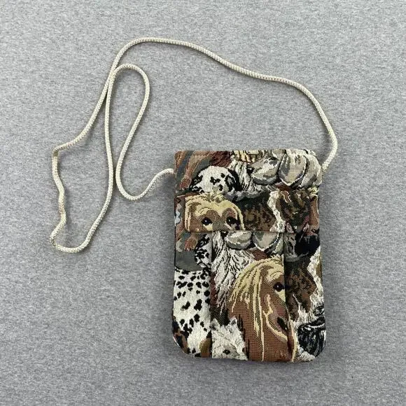 Vintage Dog Print Tapestry Bag Crossbody Purse Cottagecore Retro Pockets