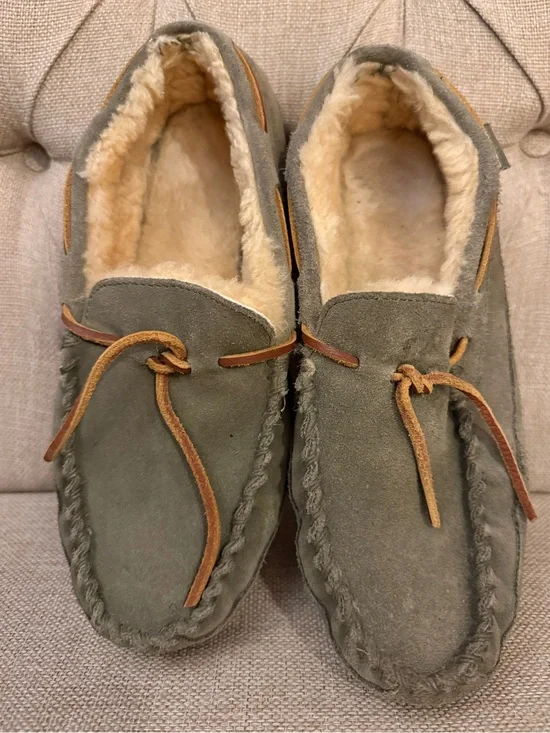L.L. Bean Olive Green Suede Shearling-Lined Moccasins