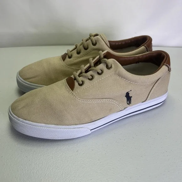 Polo Ralph Lauren Vaughn Low Top Canvas Shoes Size 6.5 Beige Tan Leather Trim