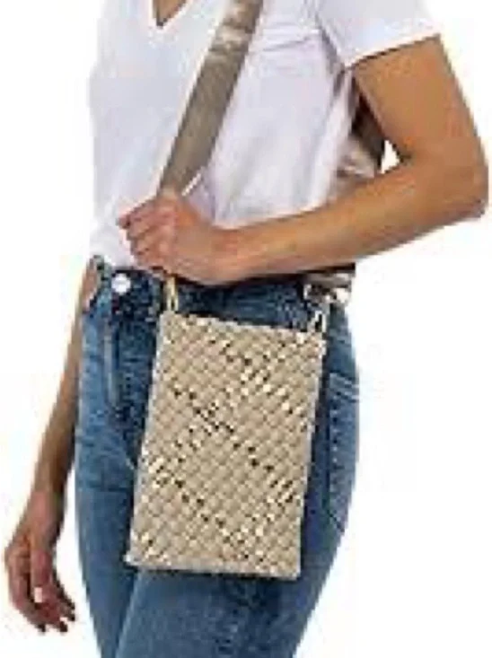 HAUTE SHORE Woven Crossbody Bag in Taupe and Dark Brown