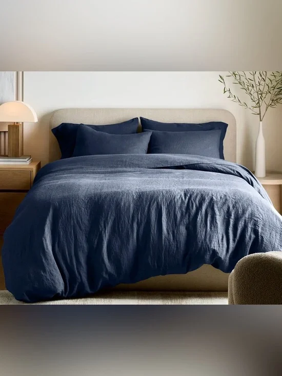 NWT Quince European Linen 3 Piece Duvet Cover Set, Full/Queen (Navy)