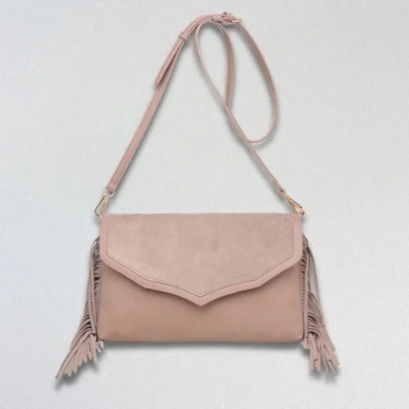 Moda Luxe “Natural Solstice” Taupe Suede & Faux-Leather Fringe Crossbody Bag NWT