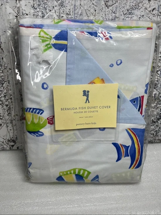 Pottery Barn Twin Duvet NEW Bermuda Fish