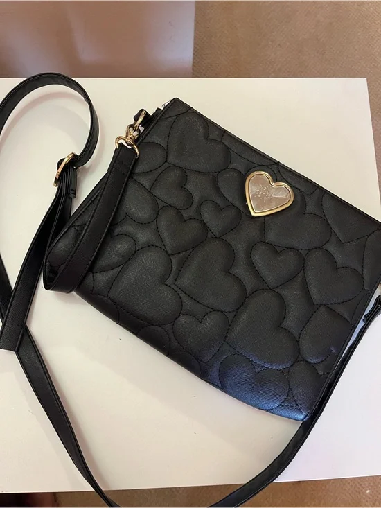 Betsey Johnson Black Quilted Heart Crossbody with Gold Heart Accent