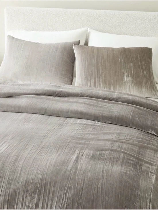 West Elm Queen Silver Crinkle Velvet Duvet Cover and Standard Pillow Shams