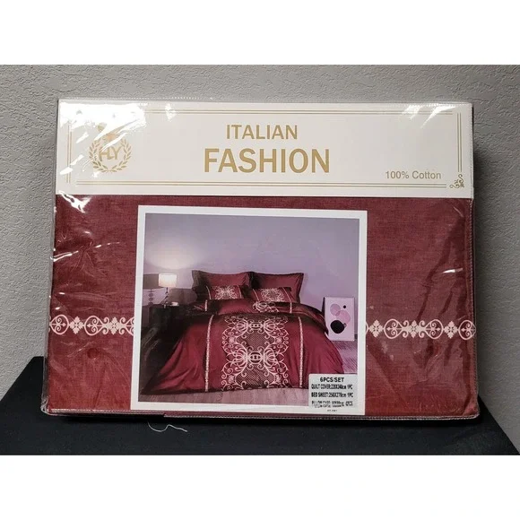 Italian Fashion Queen Size Duvet Cover Set 6 Pc Design #HY-2901 Red
