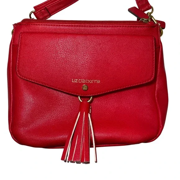 Liz Claiborne Red Crossbody Purse Tassel Accent Adjustable Strap Gold Tone Bag