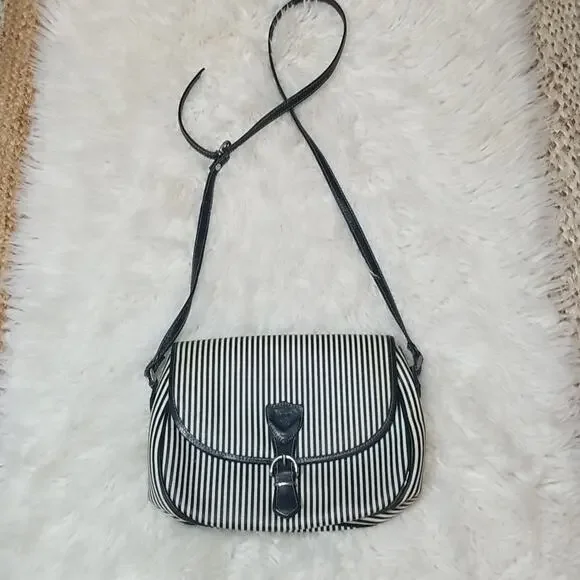 Vintage Liz Claiborne Navy Blue & White Striped Crossbody Purse - Leather & PVC
