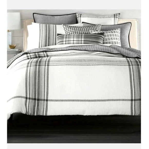 Hotel Collection King Duvet Cover 100% Linen Grey White Oversized Plaid Modern