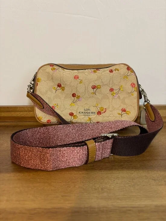 Coach Isla Signature Khaki Metallic Cherry Print Tan Leather Crossbody