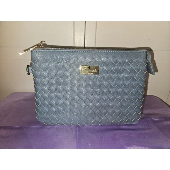 Kate Spade Dusty Blue Woven Leather Wristlet Crossbody with Geometric Strap