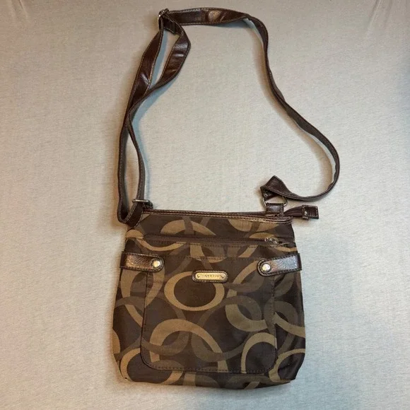 Rosetti Crossbody Bag Brown Tan Geometric Circle Jacquard Multi Pocket Purse