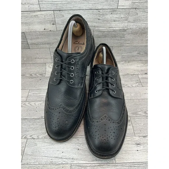 Clarks‎ Shoes Mens Size 9 Black Leather Wingtip Brogue Lace Up Cushioned Sole